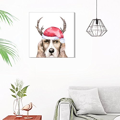 Wall26 Square Dog Series Canvas Wall Art - Watercolor Style Painting Of A Dog Wearing A Christmas Hat And Antlers - Giclee Print