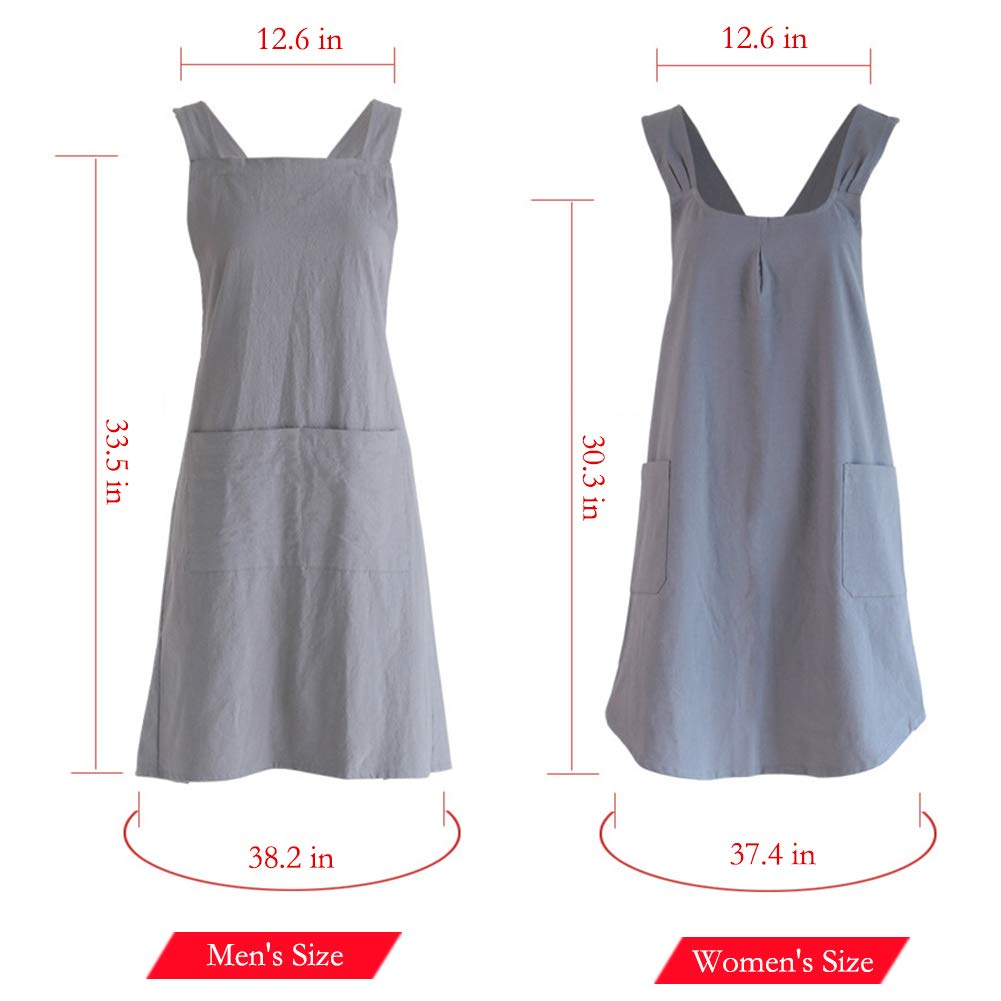 NEWGEM Japanese Linen Cross Back Apron for Women, One Size, Dark Gray, Cotton Blend, Pockets, Ideal for Cooking, Baking, Gardening