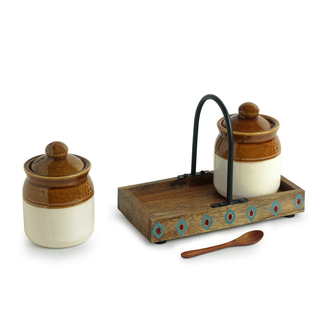 Exclusivelane Old Fashioned Martaban Indian Pickle Jars With Lids & Wooden Tray Traditional Indian Style Pickle Container For Di