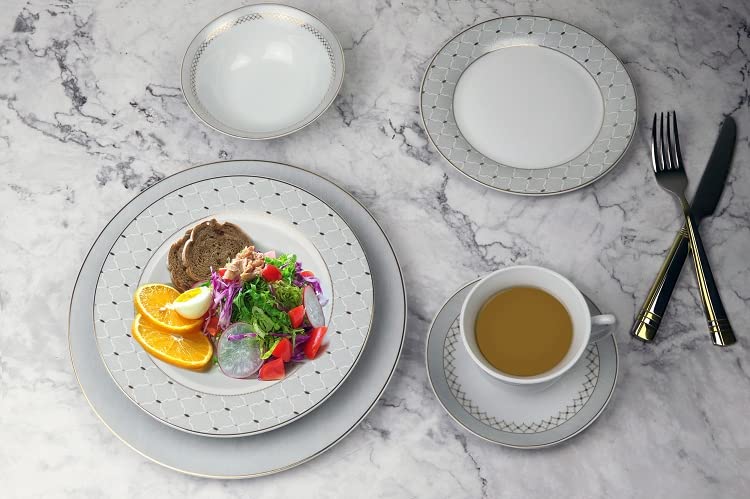 Stylish and Elegant 24 Pieces Porcelain Dinnerware Set Service for 4 People - Carlotta-Mix and Match, Silver Border