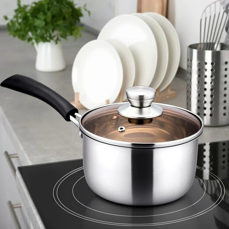 Hiki Ziki Stainless Steel Milk Pan With Glass Lid Saucepan With Mall Pot Soup For Home Kitchen Restaurant/Pasta Pot/Sauce/Nonsti