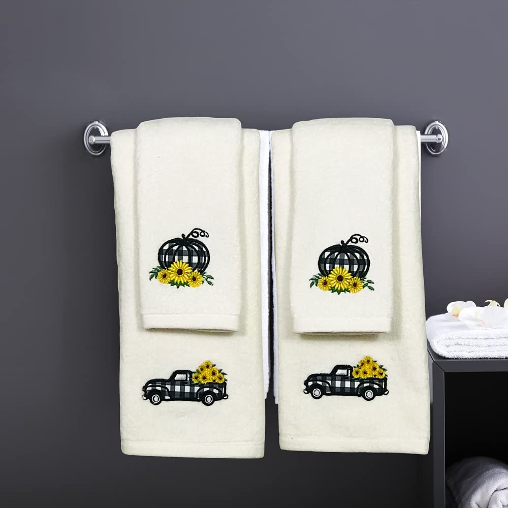 Decorative Fall Hand Towels: Farmhouse Black White Check Truck With Sunflowers Load Embroidered Design, Plush Velour Cotton, Set