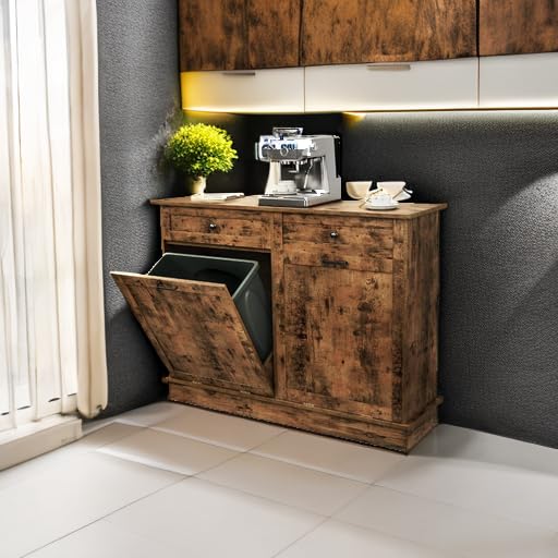 Tc-Homeny Tilt Out Trash Cabinet With Drawer, Free Standing Trash Can Cabinets, Manual And Auto Mode Shutdown Cabinet Door, Recy