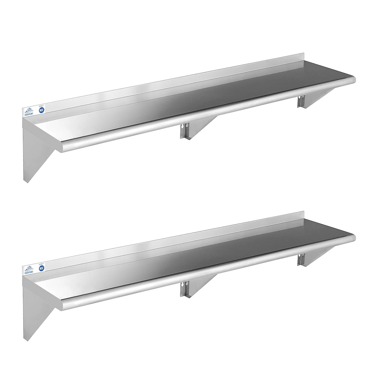 ROCKPOINT Stainless Steel Shelf 12 x 60 Inches 400lb, 2 Pack NSF Commercial Wall Mount Floating Shelving with Backsplash for Res