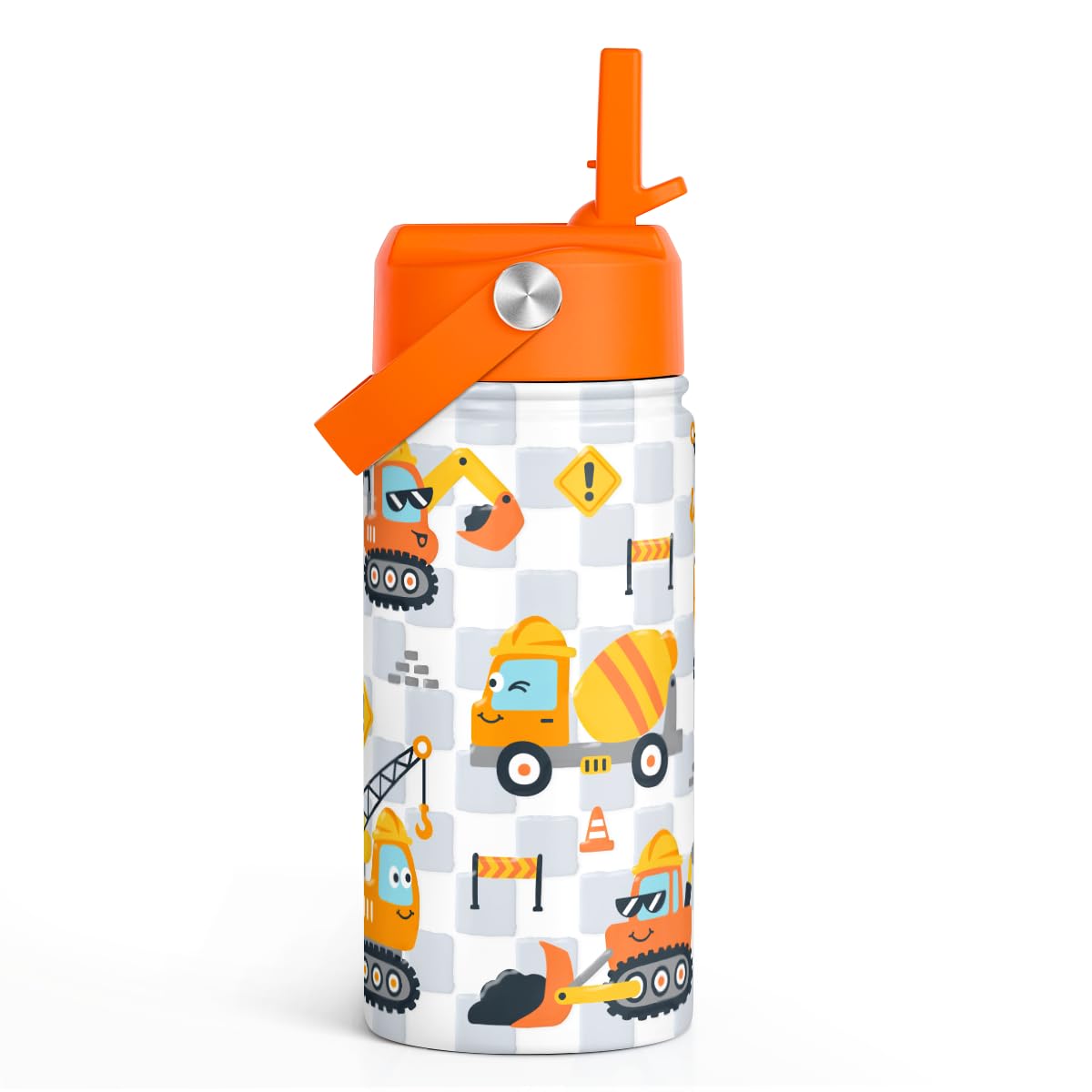 Construction Kids Water Bottle With Straw Lid 12oz Insulated Stainless Steel, Truck Travel Tumbler, Gifts For Boys, Birthday, Ch