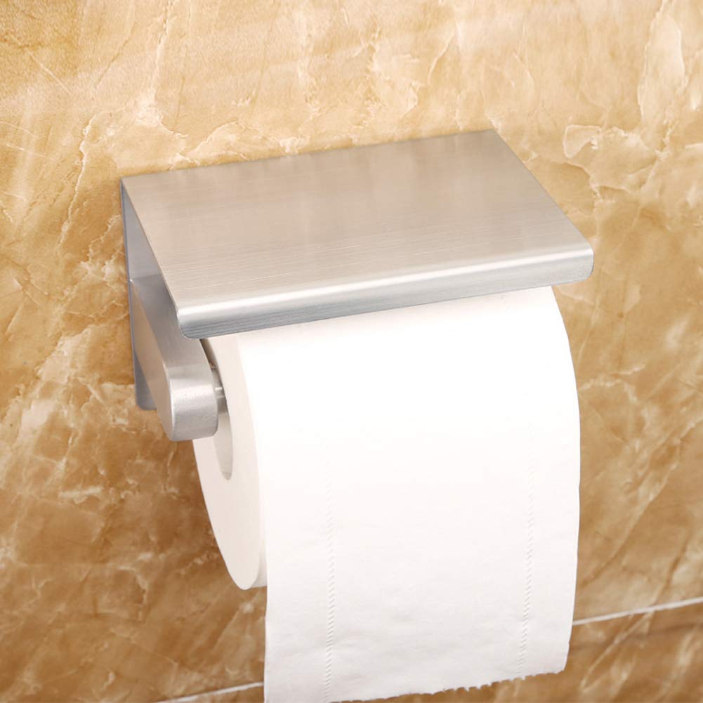 WAYDELI Toilet Paper Holder with Phone Shelf  Fit Mega Rolls  Tissue Roll Dispenser with Storage Shelf  SUS304 Stainless Steel  3M Adhesive No Drill or Wall-Mounted with Screws - Brushed Nickel