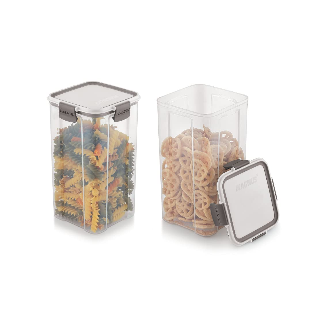 Magnus Modulock Airtight Food Storage See Through Plastic Containers Set Of 2, 1480 Ml Each, White & Grey Lid With Clear Bottom