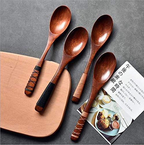 4Pc-Handmade Japanese Style Wooden Soup Spoons With Tied Line On Handle