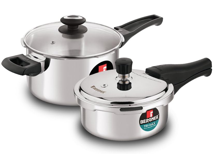 Bergner Trimax Triply Stainless Steel Pressure Cooker Combo - 2 L And 3 L Pressure Cooker With Common Lid And Extra Glass Lid, O