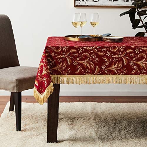Violet Linen Luxury Damask Floral Design  Polyester Jacquard  with Fringes  Burgundy  60 Inch by 102 Inch  Seats 8 to 10 Pepole  Rectangle Tablecloths