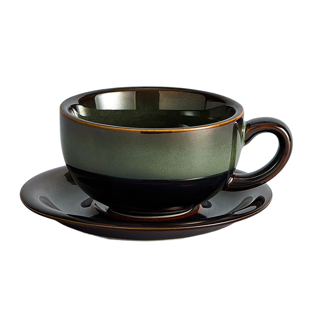 Coffeezone Vintage Design 12 oz Ceramic Latte Art Cappuccino Barista Cup with Saucer (Sea Grey)