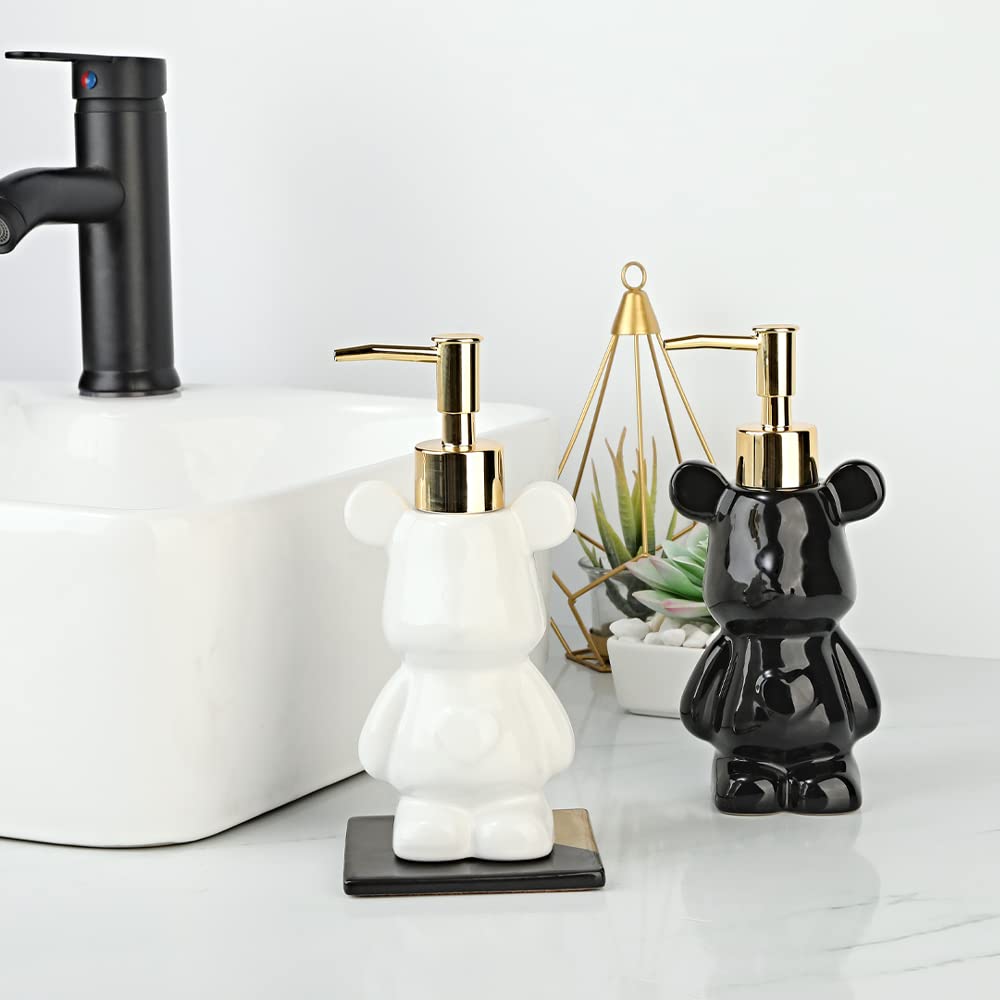 Small Bathroom Soap Dispenser With Pump, Cute Bear-Shaped Design, Ceramic Liquid Soap Dispenser (Black)