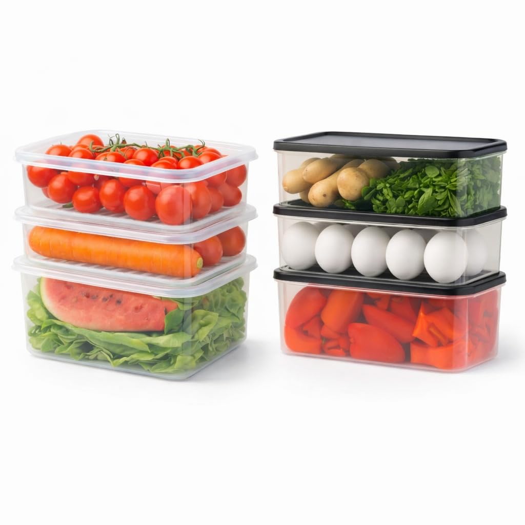 Royalcook Fridge Storage Containers Set Of 6 (3 X 2500Ml + 3 X 1200Ml) | Airtight Refrigerator Organizer Boxes | Bpa Free Stacka