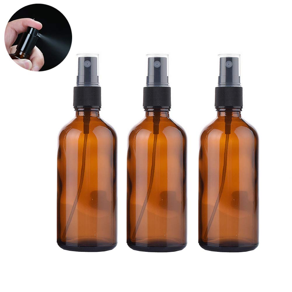 Ericotry 3Pcs 100Ml/3.34Oz Refillable Empty Amber Glass Spray Bottle Liquid Container Travel Makeup Sample Lotion Essential Oil