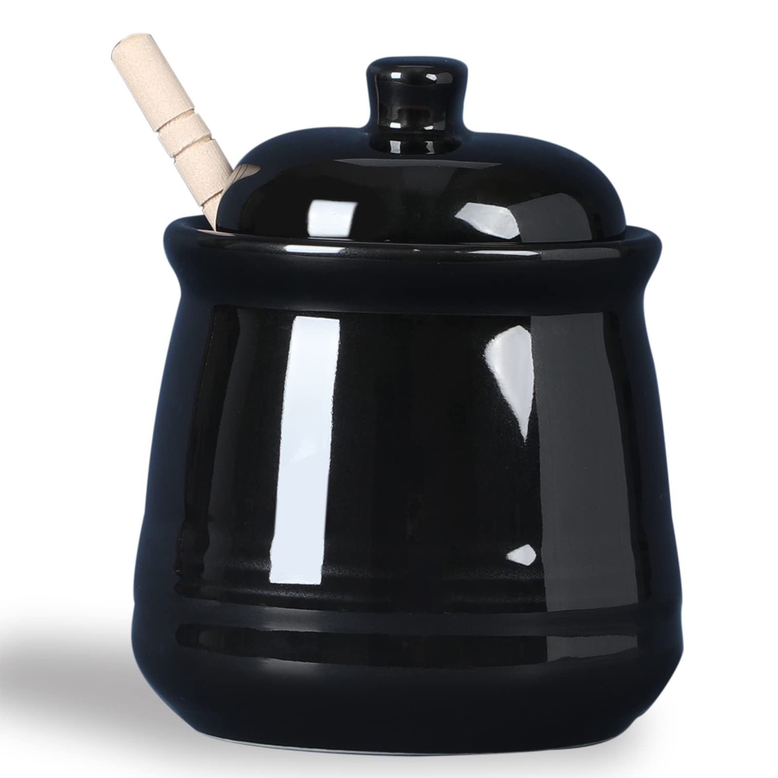 LEETOYI Ceramic Honey Jar with Lid and Dipper,Honey pot for Kitchen,12oz (Black)