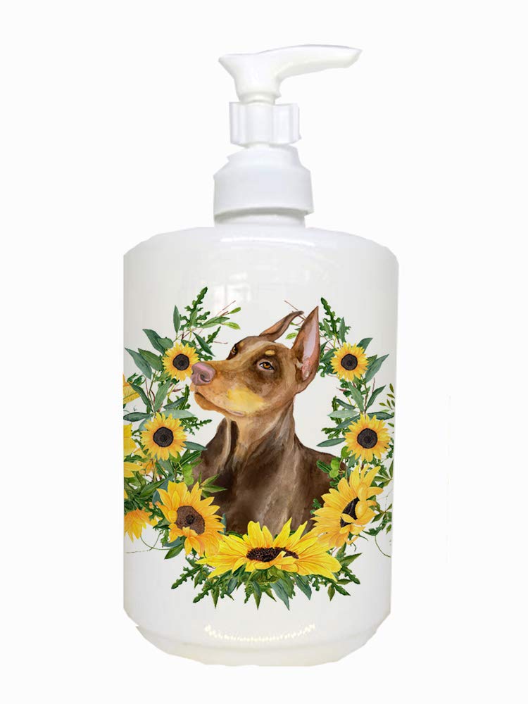 Caroline'S Treasures Ck2901Soap Doberman Pinscher In Sunflowers Ceramic Soap Dispenser Hand Soap Dispenser Pump Bottles For Bath