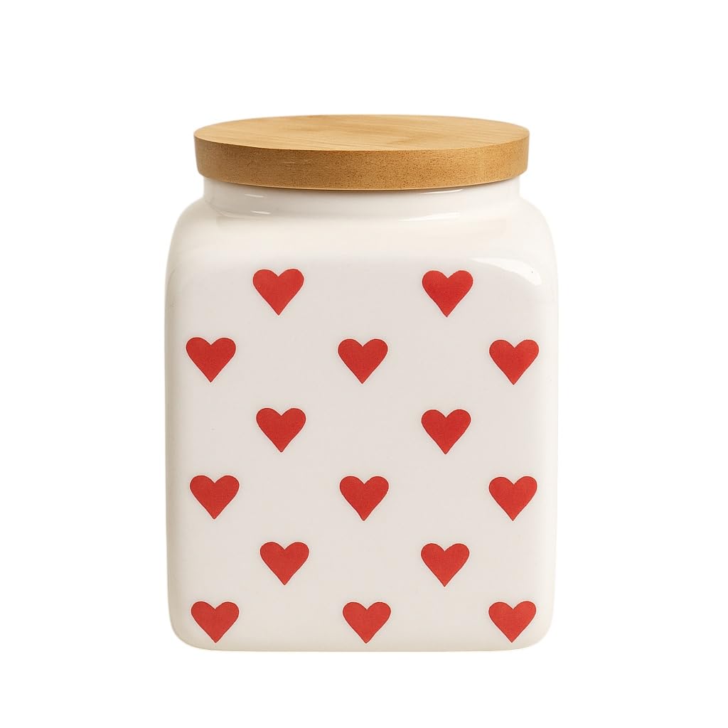 Merakiware Ceramic Jar With Wooden Lid | Red Heart Print Airtight Container | Multipurpose For Sugar, Tea, Salt, Pickles, Pulses