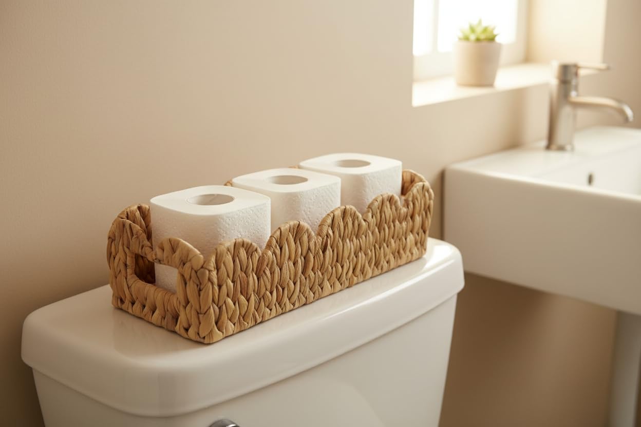 Coeusy Toilet Tank Basket for Bathroom,Scalloped Edge Wicker Basket for Toilet Paper Storage,Small Baskets for Countertop,Shelve