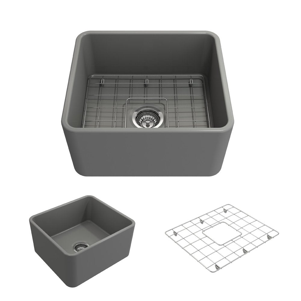 Bocchi Classico Farmhouse Apron Front Fireclay 20 In. Single Bowl Kitchen Sink With Protective Bottom Grid And Strainer In M.Gra