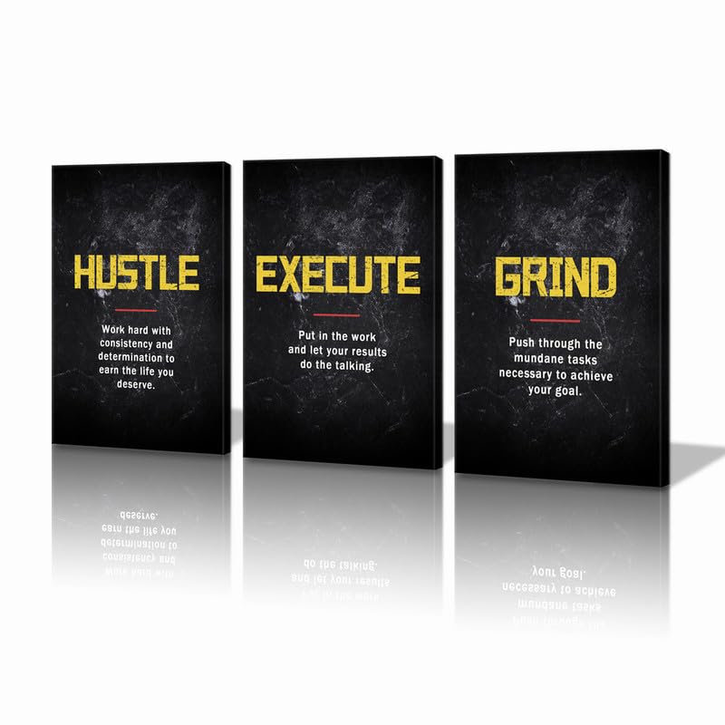 Kawahone Motivational Wall Art, Grind Hustle Execute Inspirational Wall Art, Inspiring Framed Prints Inspirational Quotes For Wa