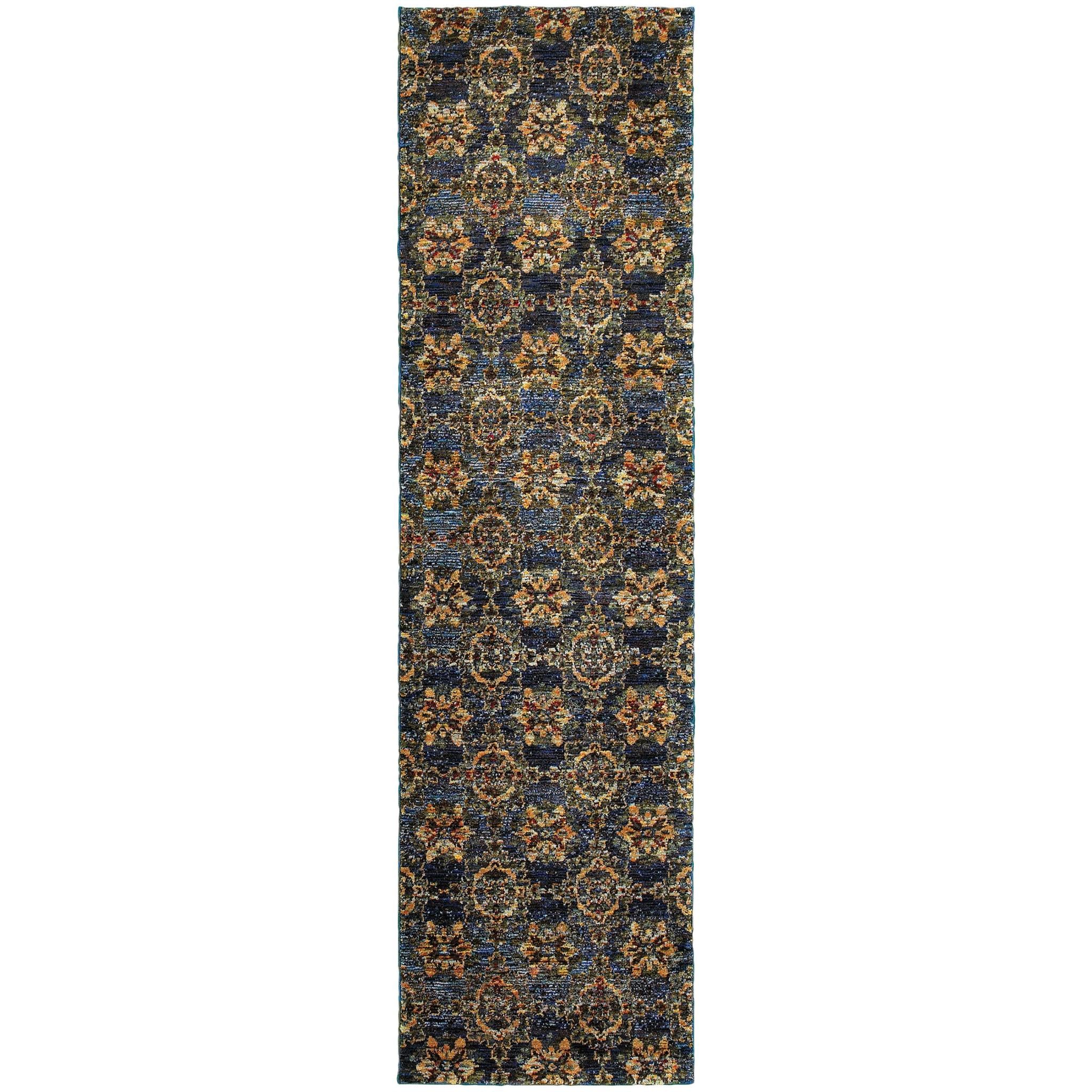 2 X 8 Blue And gold Oriental Power Loom Stain Resistant Runner Rug