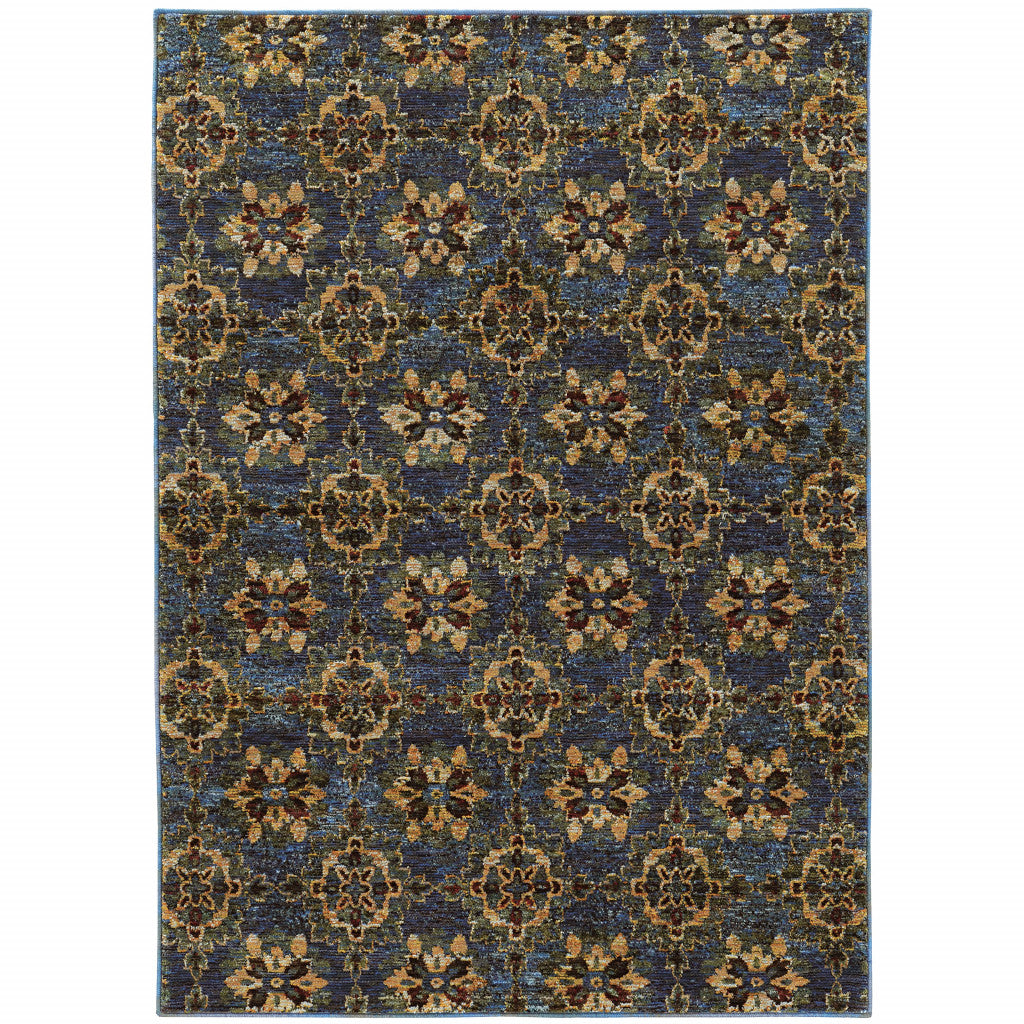 8 X 10 Blue And gold Oriental Power Loom Stain Resistant Area Rug