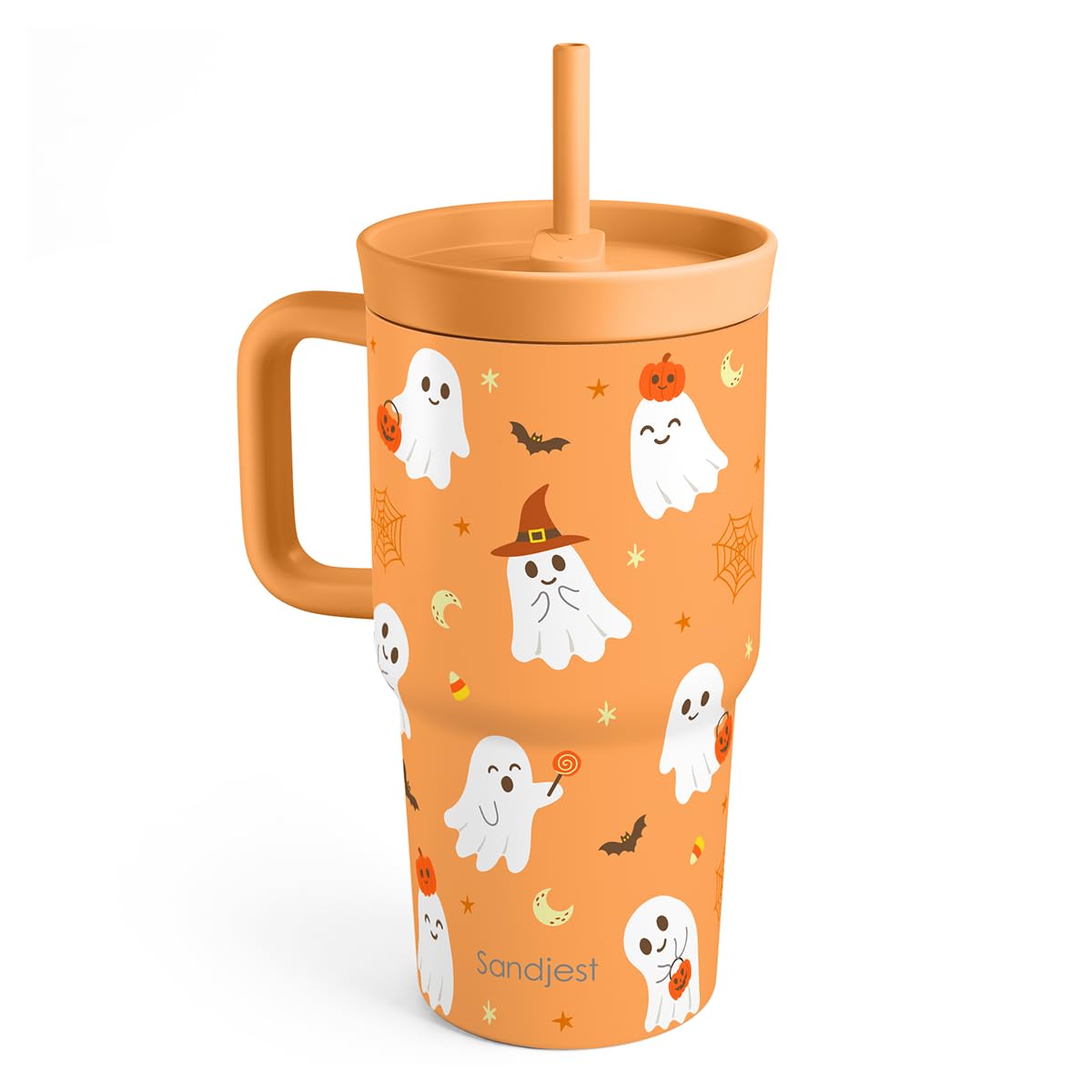 SANDJEST Boo Stainless Steel Tumbler 20 Ounces with Handle and Silicone Straw Locking Lid (Orange)