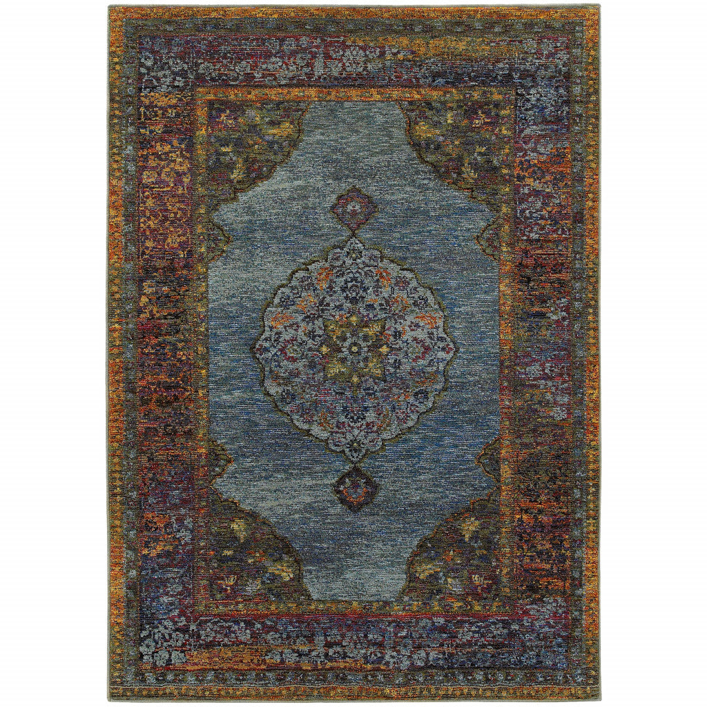 10 X 13 Blue gold green Red Orange And Purple Oriental Power Loom Stain Resistant Area Rug