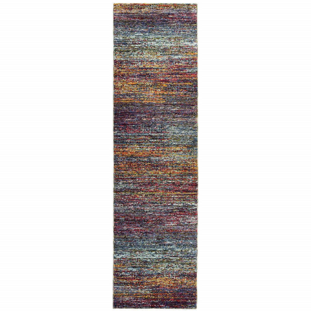 2 X 8 Blue grey gold Purple And Teal Abstract Power Loom Stain Resistant Runner Rug
