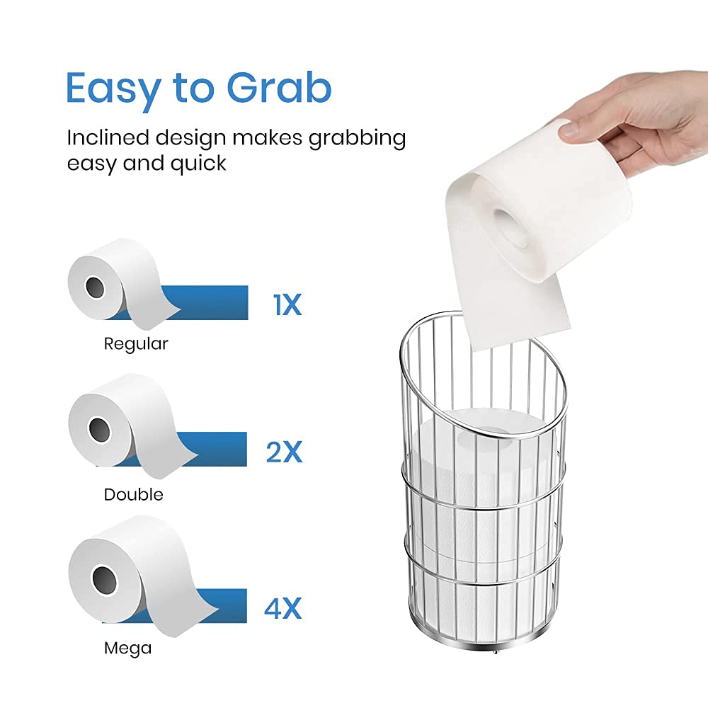 Toilet Paper Holder Stand with Storage Bathroom Toilet Tissue Roll Reserve Organizer Free Standing Dispenser Holds 3 Mega Rolls - Polished Chrome