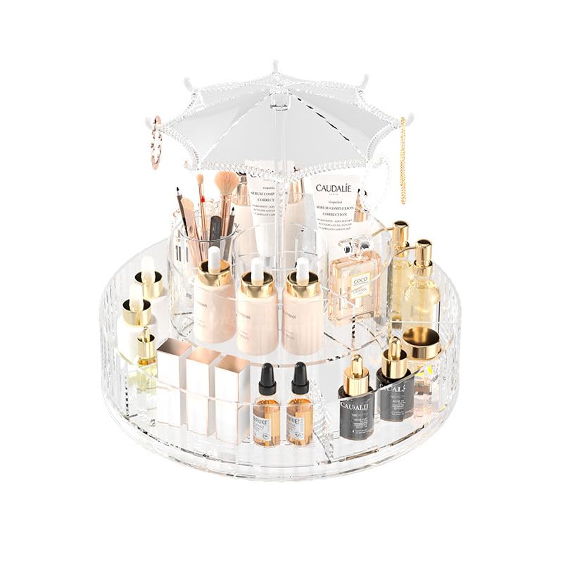 Sajani 360 Degree Rotating Umbrella Design Makeup Organizer, 2 Layer Transparent Jewellery Organizer, Cosmetic Display Cases For