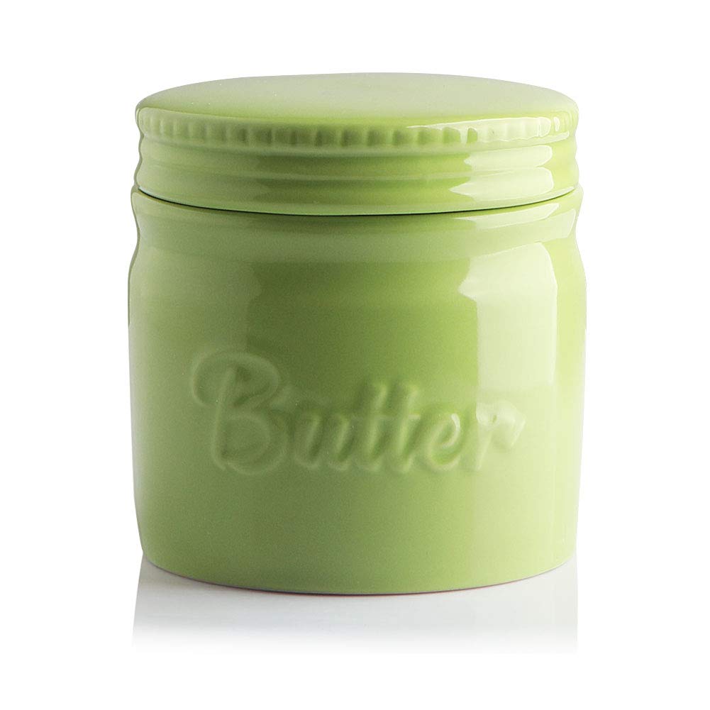 Sweejar Porcelain Butter Keeper Crock, French Butter Dish With Water Line, Ceramic Butter Container For Soft Butter (Green)