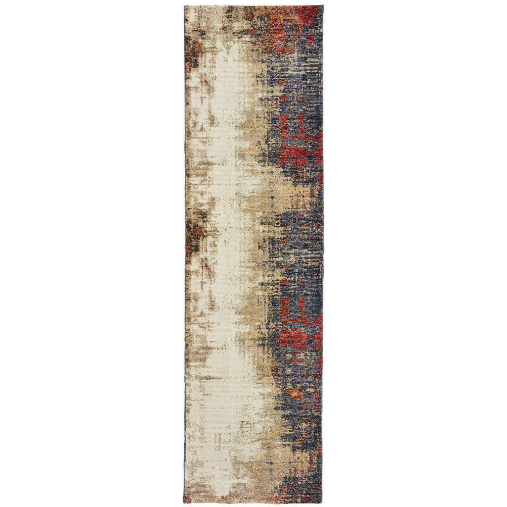 2 X 8 Beige Tan Brown Blue Purple Red Orange gold And green Abstract Power Loom Stain Resistant Runner Rug