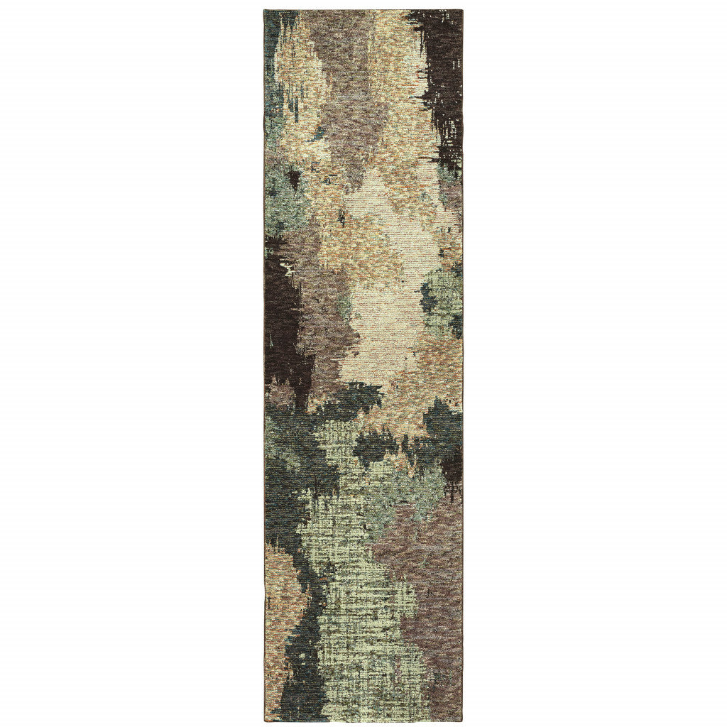 2 X 8 Blue And Brown Abstract Power Loom Stain Resistant Runner Rug