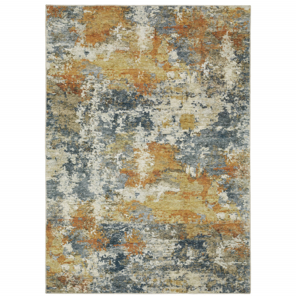 4 X 6 Teal Blue Orange gold grey Tan Brown And Beige Abstract Printed Stain Resistant Non Skid Area Rug