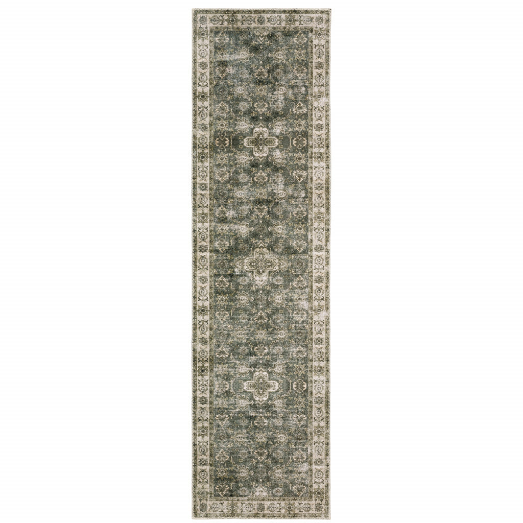 2 X 8 Blue And Beige Oriental Printed Stain Resistant Non Skid Runner Rug