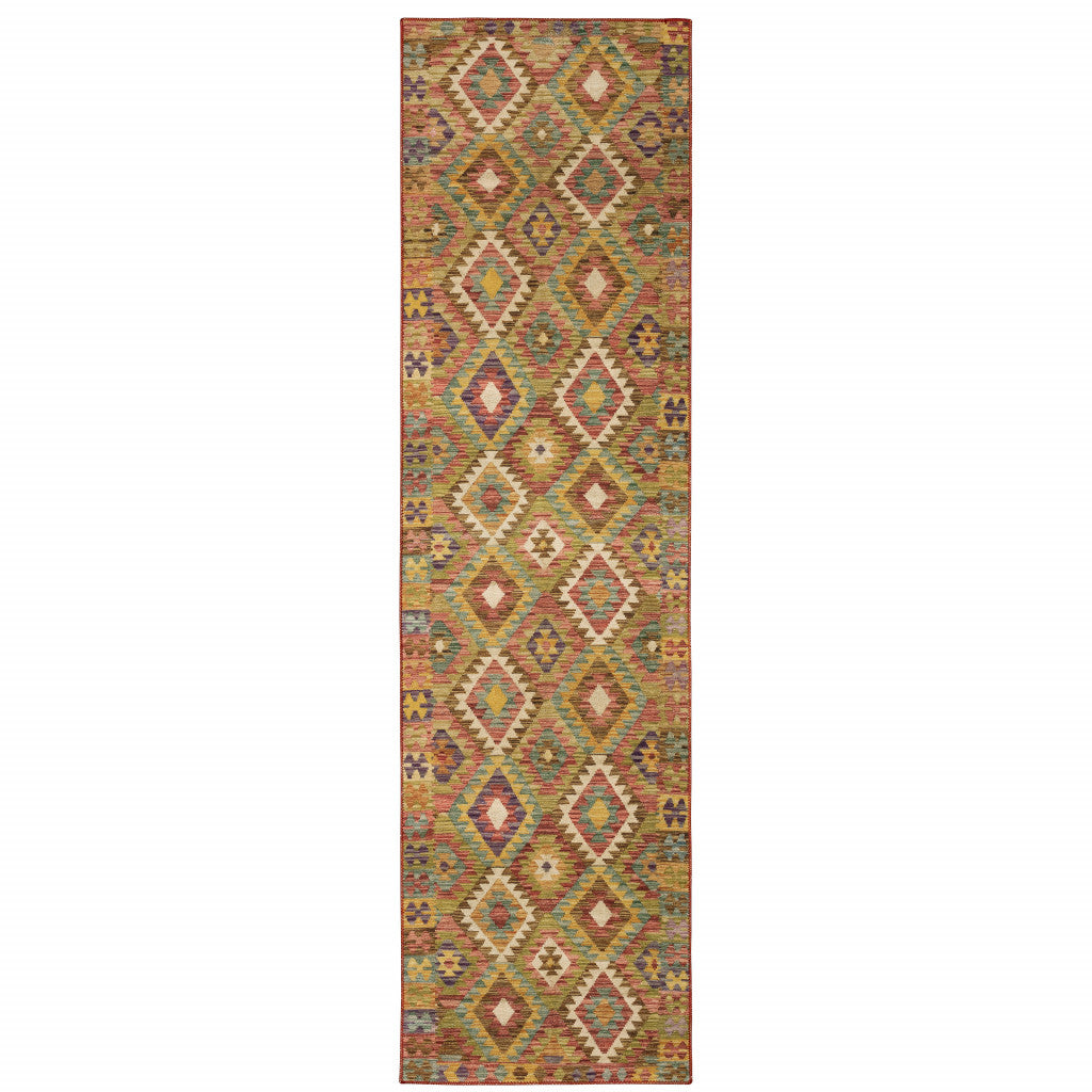 2 X 8 gold Orange Brown Red green Purple And Beige Southwestern Printed Stain Resistant Non Skid Runner Rug