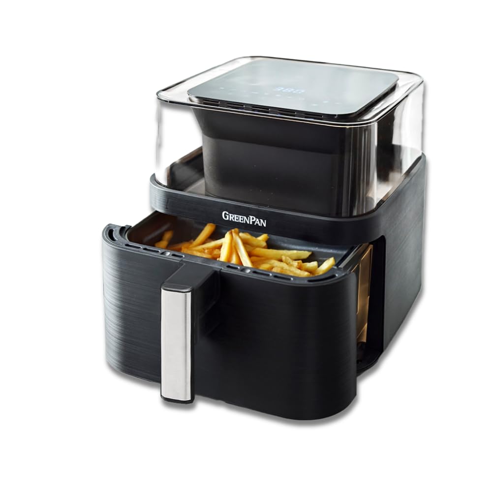 GreenPan Clearview Extra Large 7QT Air Fryer, 360 Clear Window, PFAS-Free Ceramic Nonstick Drawer and Tray, Heat to 400F, 13-Pre