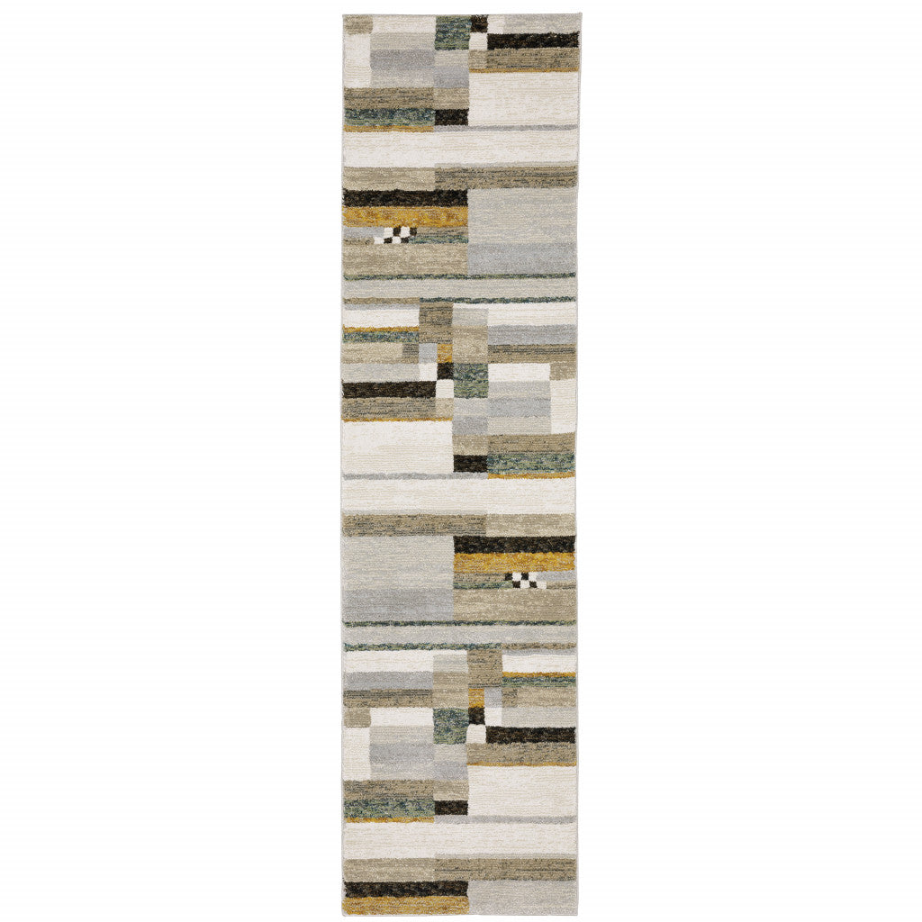 2 X 8 Beige gold Black grey Tan Teal And Rust geometric Power Loom Stain Resistant Runner Rug