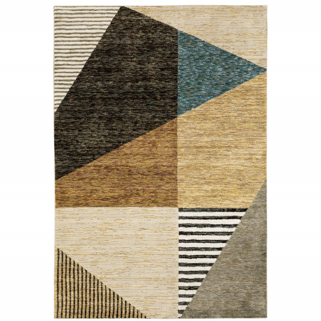 3 X 5 gold Brown Blue charcoal Rust And Beige geometric Power Loom Stain Resistant Area Rug