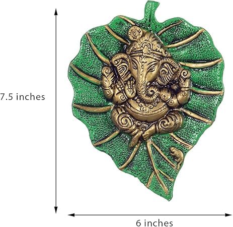 Achleshwar Metal Golden Lord Ganesha on Green Leaf wall hanging Sculpture Decorative Religious Showpiece For Home wall decor,Tem
