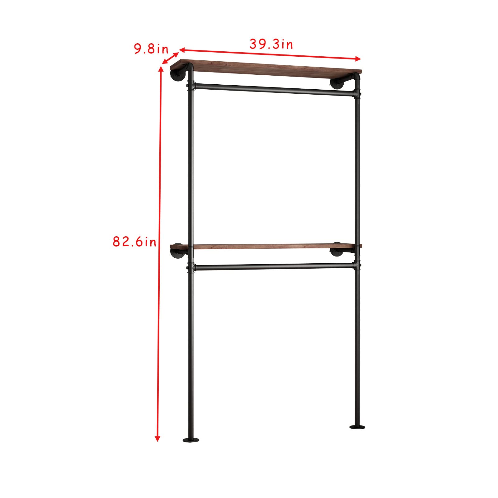 Dr.Iron Industrial Pipe Clothing Racks With 2 Tier Shelves, Wall Mounted Black Clothes Rack With Double Hanging Rods Heavy Duty