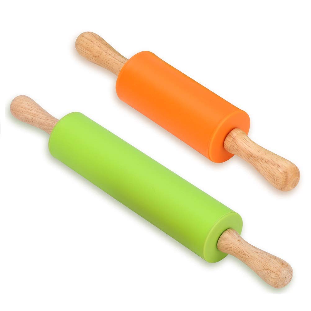 Alimat Plus Silicone Rolling Pin, Dough Roller For Pizza, Cookie With Wooden Handle And Surface, 2 Pack Rolling Pins For Baking
