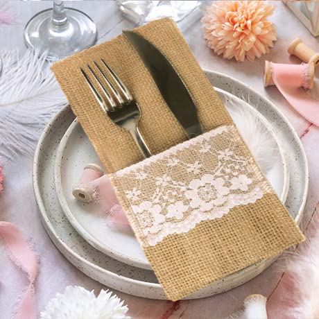 Fqtanju 50 Pcs 4''X8'' Burlap Lace Utensil Cutlery Holders Pouch Silverware Holder Knifes Forks Bags Burlap Napkin Bag For Rusti