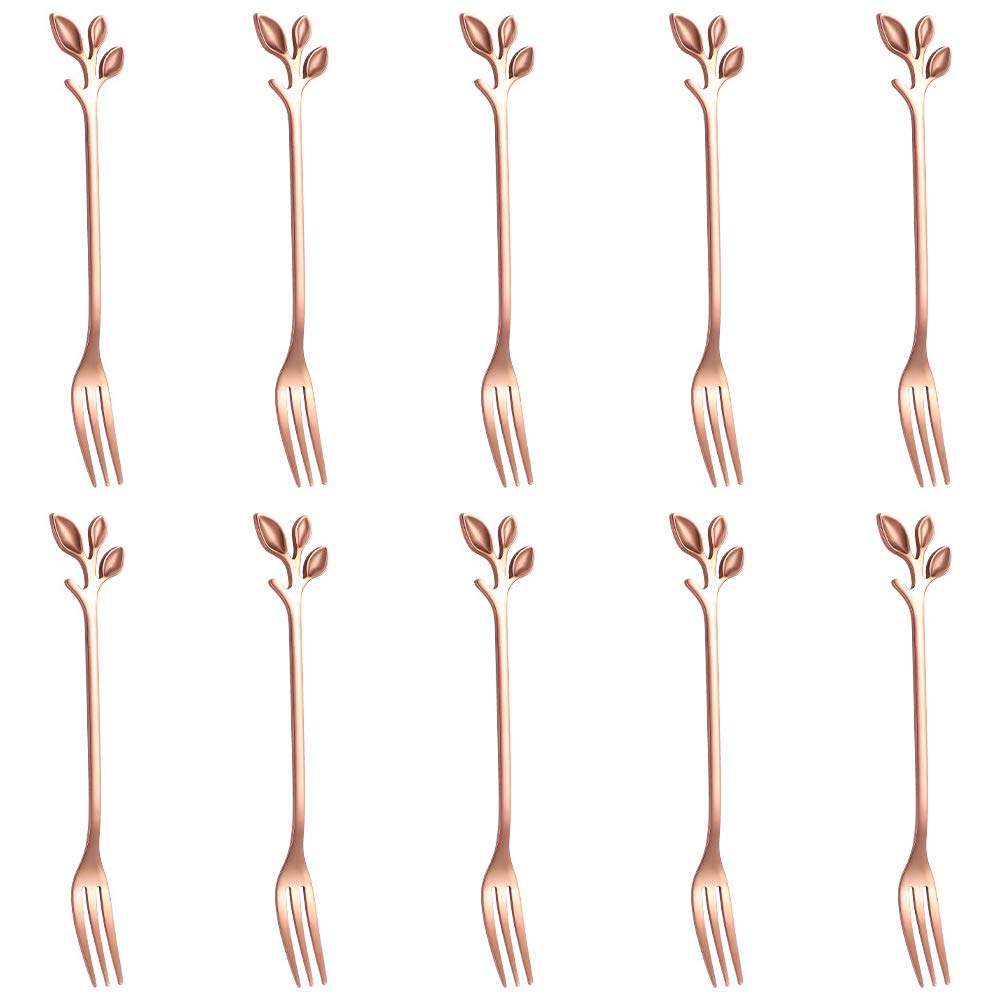 10 Pcs Stainless Steel Rose Gold Leaf Creative Appetizer Cake Fruit Forks Set 4.7 Inches Tasting Dessert Forks Kitchen Accessory