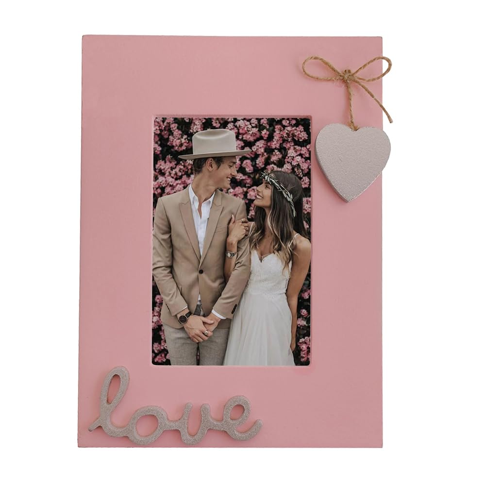 4x6 Love Picture Frame Pink Vertical with Silver Heart for Table Top and Wall Mounting-Distressed Wooden Photo Frame HD Glass In