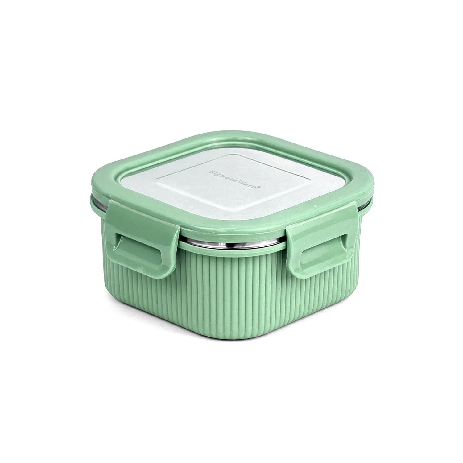Signoraware Lock N Store Microsafe Stainless Steel Square Container With Steel Lid,(400Ml, Egreen), Airtight & Leakproof Lid, Mi