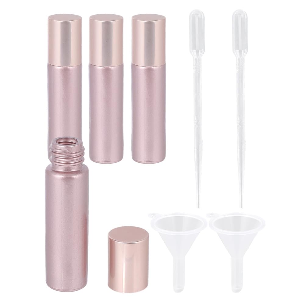 BEAMARKER 4Pcs Essential Oil Roller Bottles 10ml Pink Glass Roller Bottles Empty Refillable Travel Containers with Convenient Dr