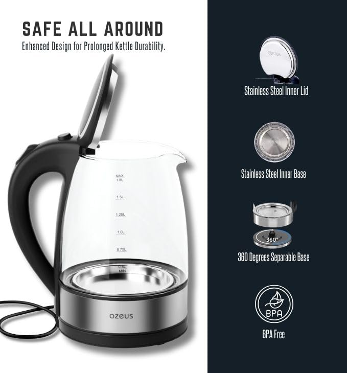 Azeus 1.8L Electric Kettle Cx-817 - Fast Boil, Auto Shut-Off, Boil-Dry Protection, 360 Swivel Base - Stainless Steel Water Boile