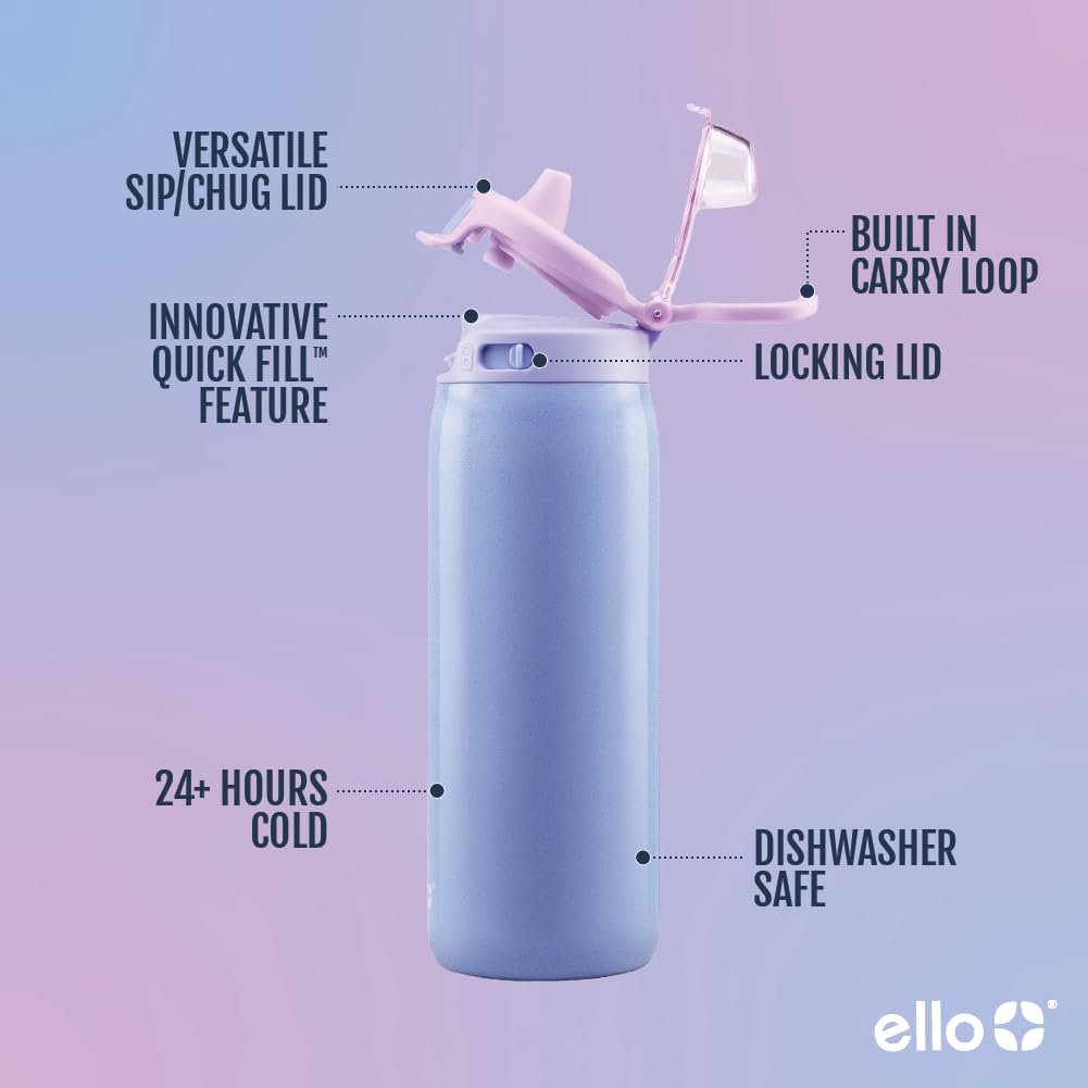 Ello Kids Pop & Fill 18oz Stainless Steel Water Bottle with Quick Fill Technology, Double-Wall Vacuum Insulation, Leak Proof Loc